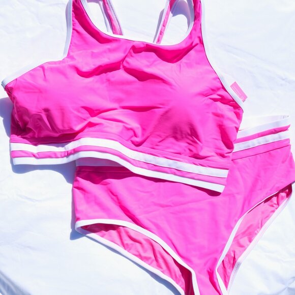 BRIGHT YONIQUE HOT PINK W WHITE STRIPES BATHING SUIT (see measurements) - Picture 4 of 5